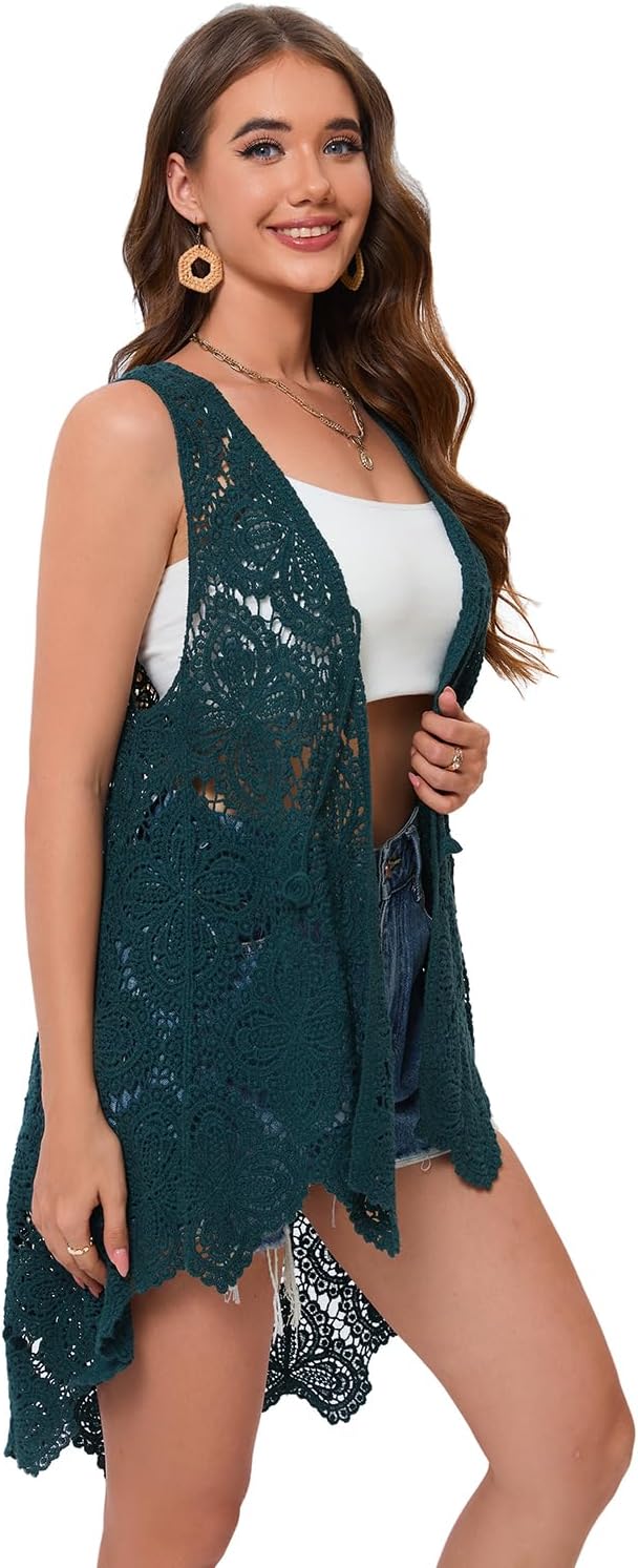 Women's Crochet Lace Vest Boho Sleeveless Kimono Irregular Hem Cardigan - Image 4