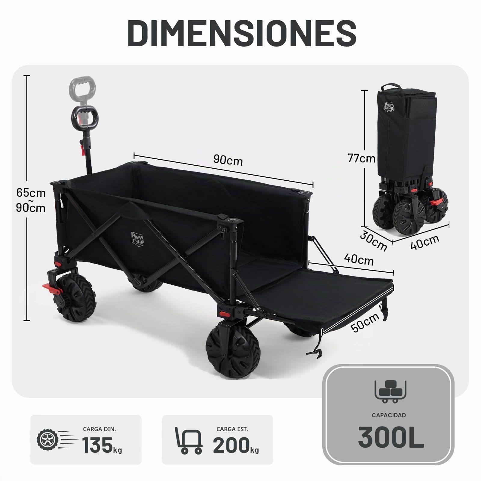 TIMBER RIDGE Carro de Playa Plegable XXXL con Portón Trasero 135 kg Carro Plegable Resistente con Ruedas Anchas Desmontables y asa Ajustable para Acampar al Aire Libre Jardín Compras Negro
