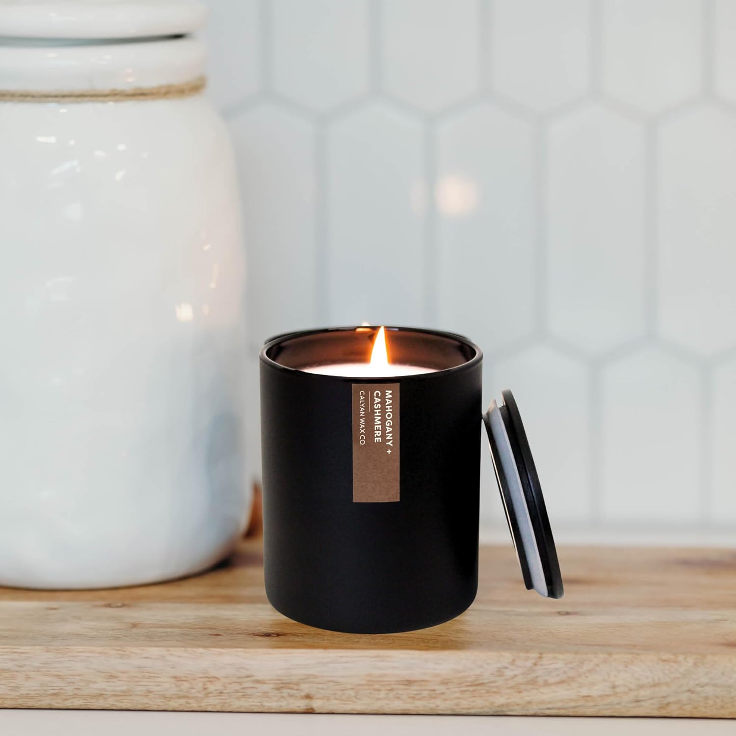 Calyan Wax Co. Mahogany & Cashmere Scented Candle - 75 Hour Burn - Luxury Non Toxic Soy Wax Candles - Long Lasting Black Tumbler Jar Candle for Home - 10.2oz