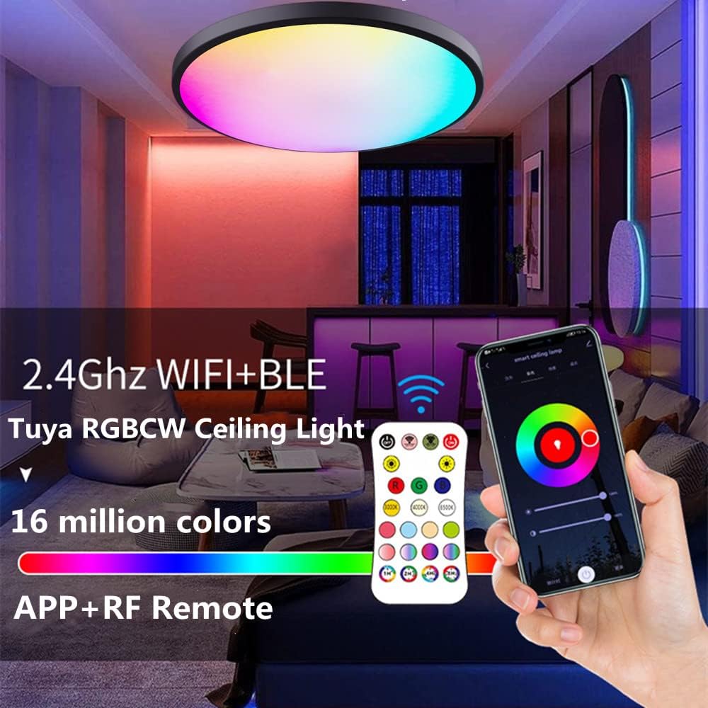 Smart WiFi LED Ceiling Lights RGBCW Color Changing Ceiling Light, 24W 12Inch 2400lm Ultra-Thin Dimmable Ceiling Lamp APP Voice Control with Alexa/Google for Living Room (White Frame)