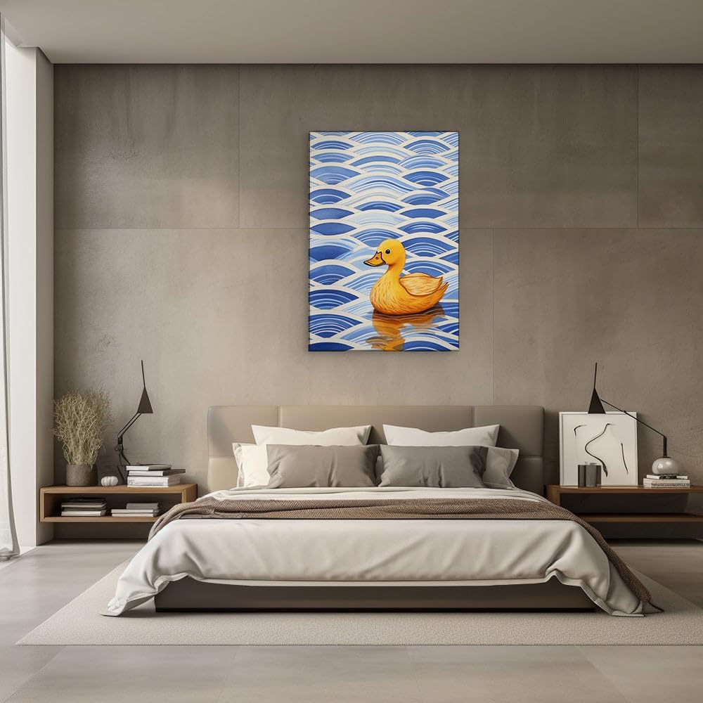 Canvas for Living room. Floating Serenity: A Playful Yellow Rubber Duck Sets Sail on Tranquil Blue Waves, 27 x 18 inch Canvas Wall Art - Ready to Hang - 69x46 cm (27x18 inch)