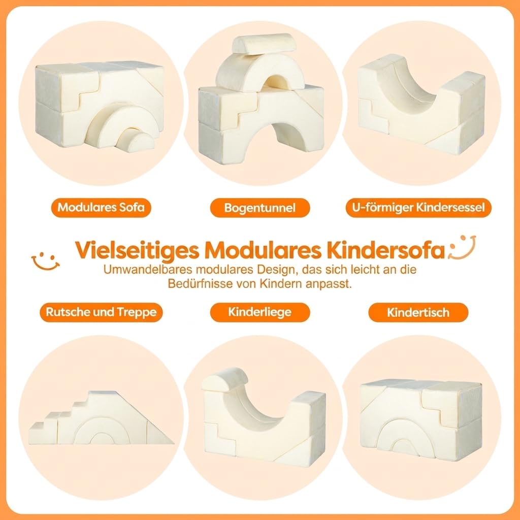 MeMoreCool Kindersofa Beige Fuer Leseecke Kinderzimmer, Ausklappbares Spielsofa mit Sitz- und Liegefunktion, Weiches Schaumstoff Mini Sofa mit Abnehmbarem Bezug ab 1 Jahr