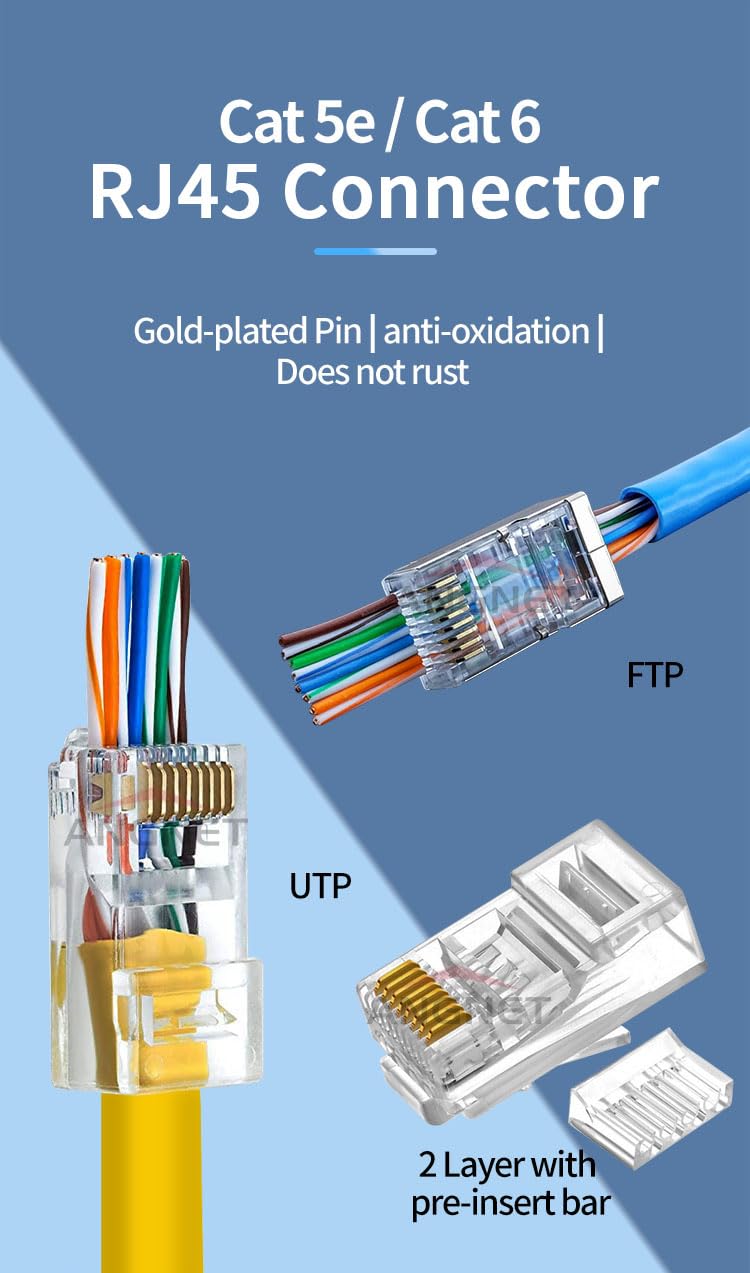PrimeX PX-560C6 RJ45 Cat6 Konnektör, 100’lü Paket Yeni Nesil RJ45 Jack UTP, Cat6 Ethernet Network LAN Kablo Ucu, Şeffaf Beyaz Polimer RJ45 Erkek Plug, Modem Router Switch Patch Panel Kablo Sonlandırma