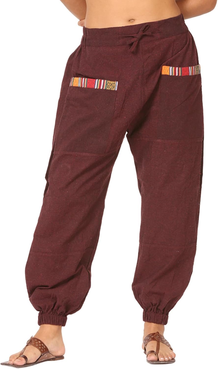 Men Women Cotton Linen Baggy Harem Drawstring Yoga Pants, One Size Casual Hippie Trousers with Pockets