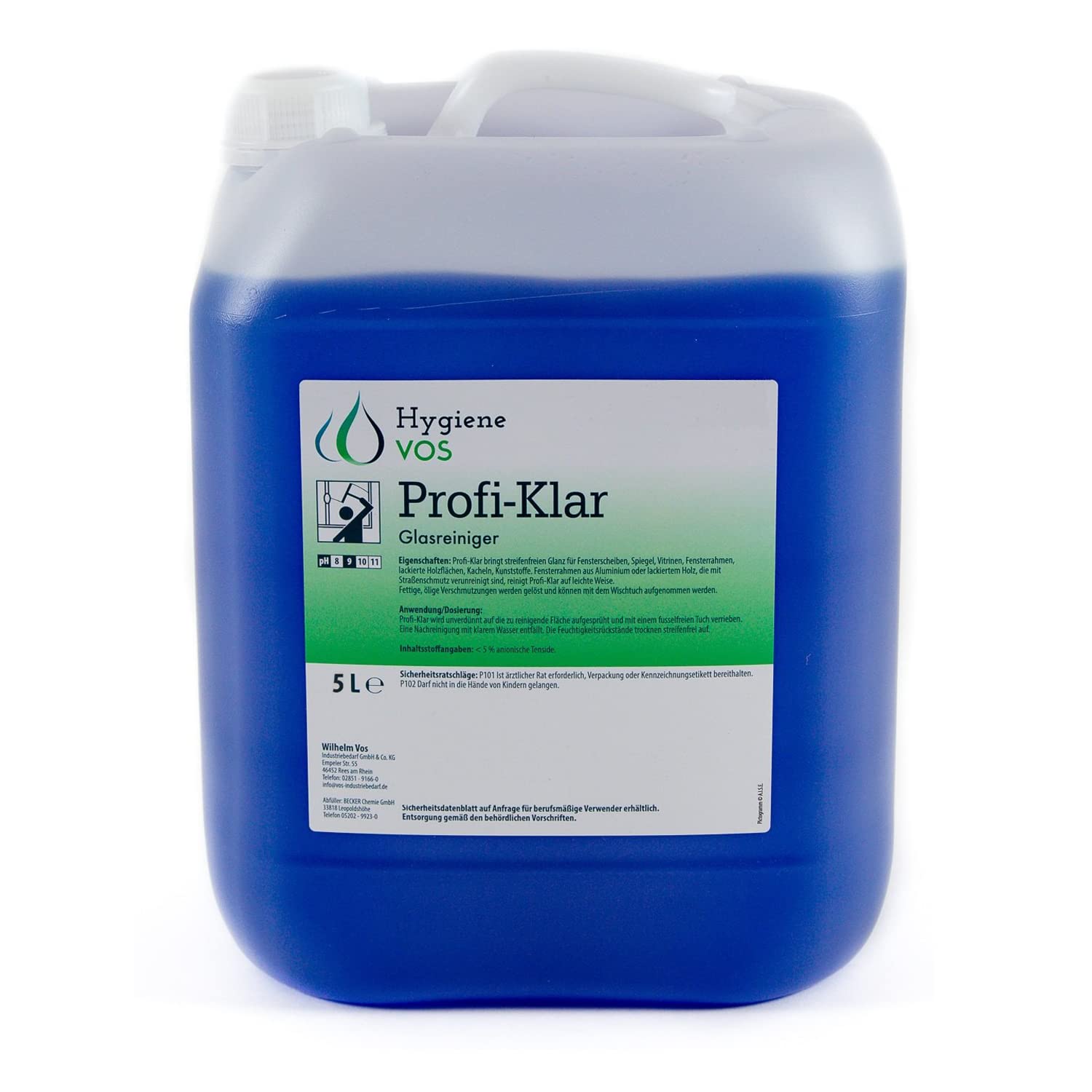 Hygiene Vos Profi Klar Glasreiniger 5 Liter für verglaste Flächen, Spiegel, Kacheln. Anwendungsfertig für streifenfreien Glanz