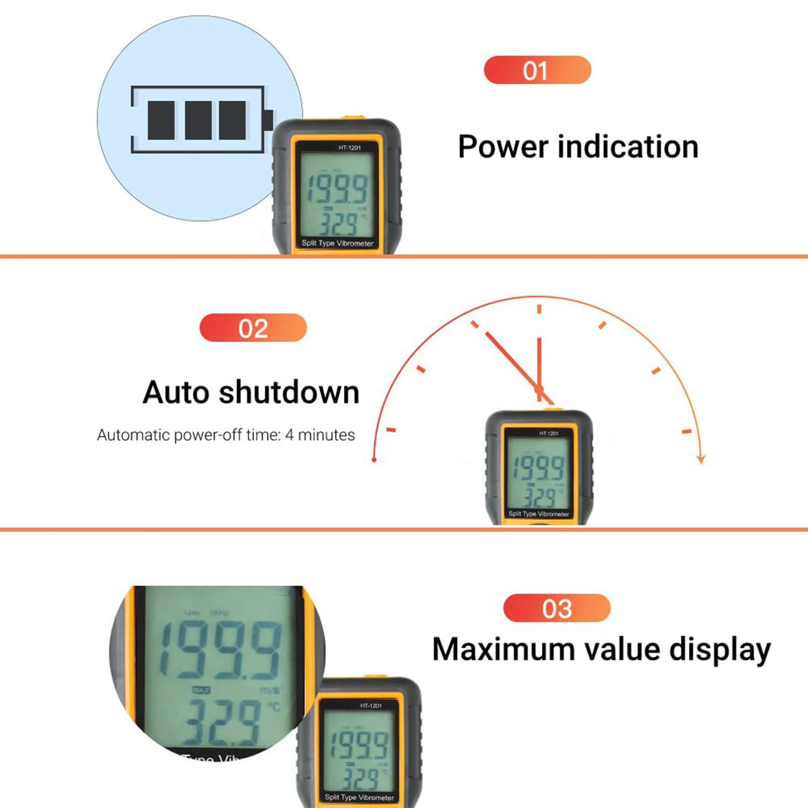 Misuratore di vibrazioni del motore con display LCD per accelerazioni Velocità Misurazione di spostamento in alloggiamento ABS Strumento di misurazione delle vibrazioni portatile
