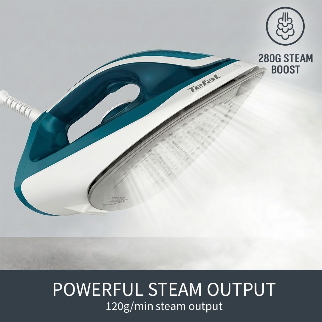 Tefal, Express Essential, ferro da stiro a vapore, uscita vapore 120 g/min, piastra Xpress Glide, flusso di vapore da 280 g/min, barre a 5,2 pompe, con sistema di risciacquo, bianco e blu, (SV6115)