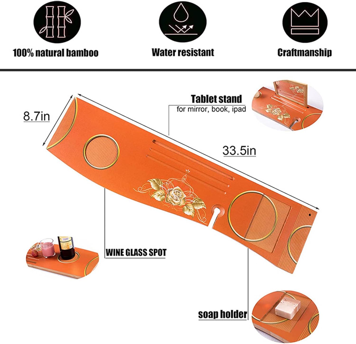 FUWE Bathroom Table, Nonslip Bathtub Tray, Glass, Waterproof, Brown LacquerTablet Stand with Removable Book Tray with Bathroom Mirror : Home & Kitchen