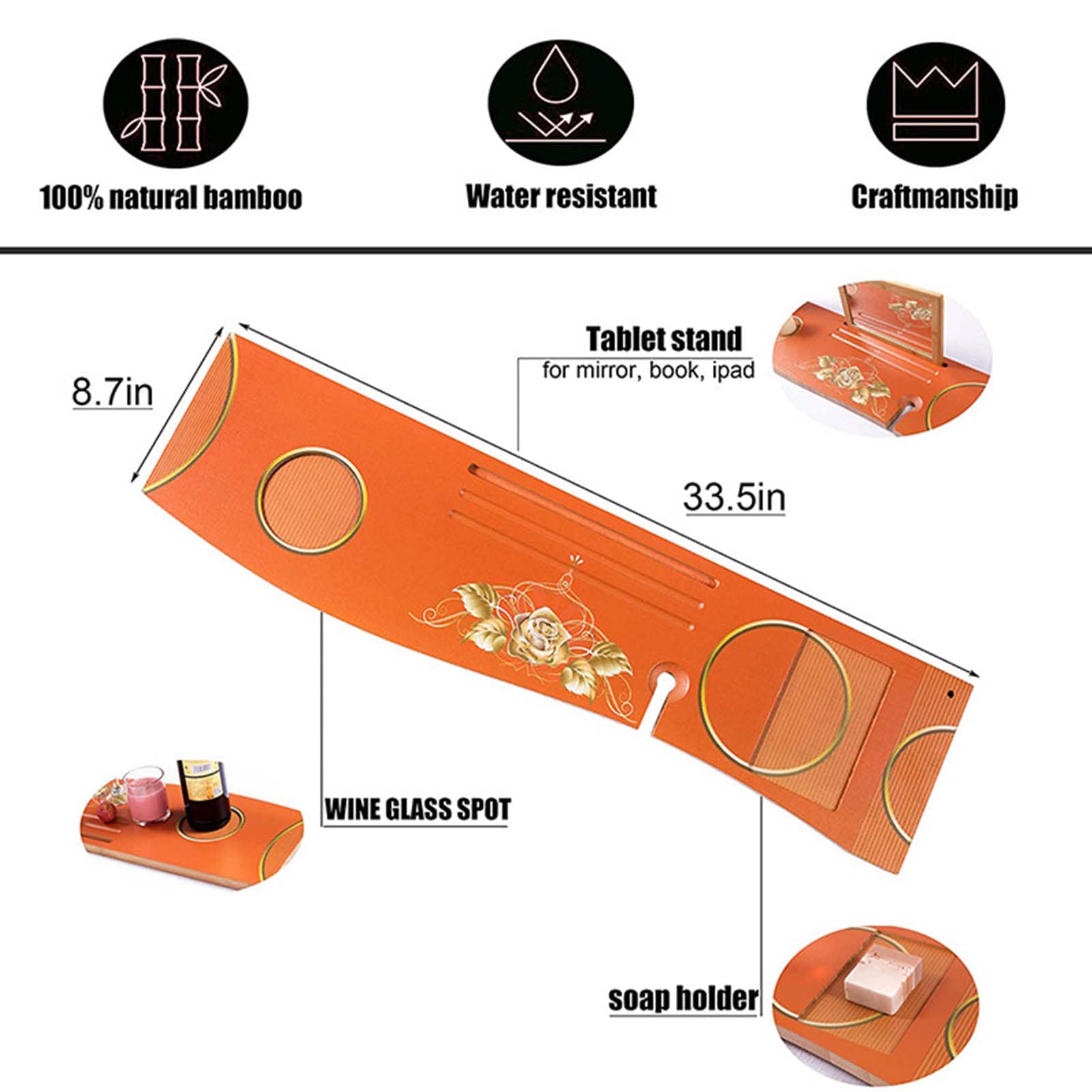 Bandeja De Bambú para Bañera, Estante De Impresión Marrón con Soporte para Libros, Ranura para Vidrio, Bandejas Desmontables Y Espejo