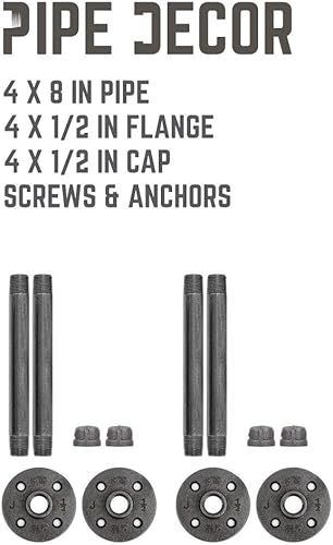 Miniatura 9 de Rustic Pipe Decor Soporte para estante industrial, juego de cuatro accesorios de hierro negro, bridas y tuberías para estantes flotantes