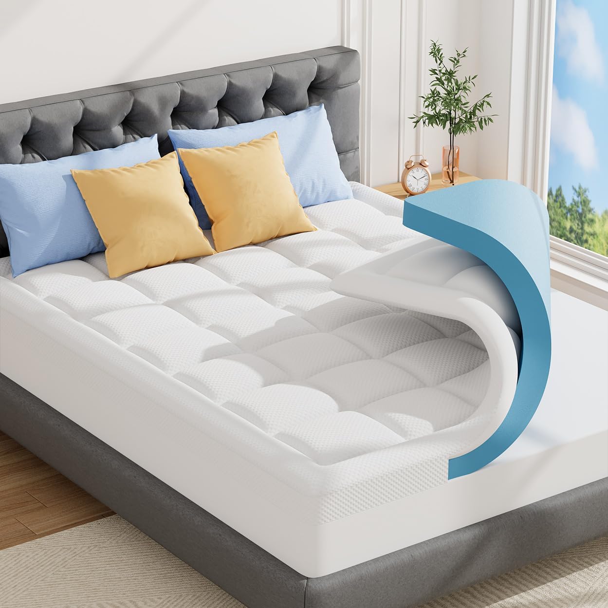 ABENE Matratzen Topper 180x200cm H3 Gel Memory Schaum Topper mit Waschbar Bambusfaser Bezug, 7cm Höhe Matratzentopper für Boxspringbett Komfortschaum Atmungsaktiv Druckverteilung（180cmx200cm, Weiß）