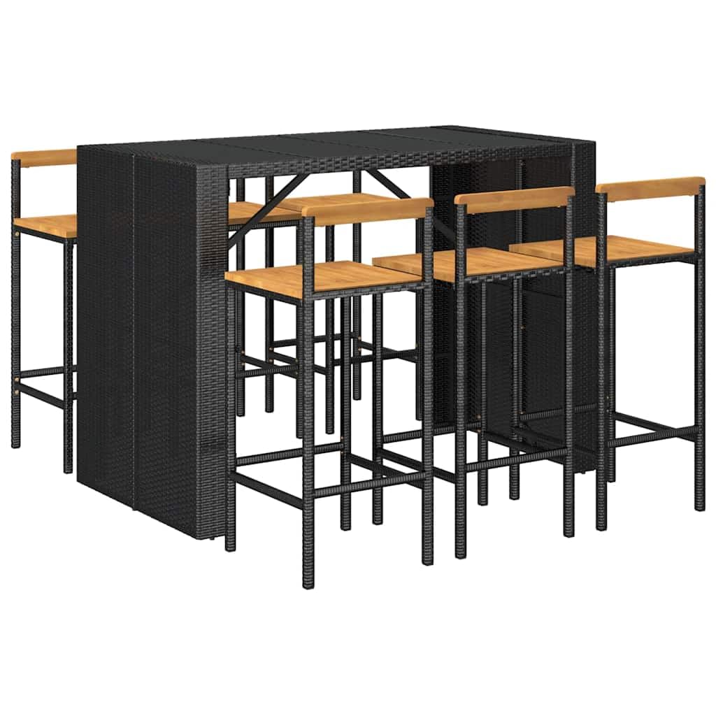 Juego de Bar jardín 7 Piezas con Mesa y 6 taburetes en Madera Acacia y ratán PE Negro, Estructura Acero Resistente para terraza, Patio, balcón y Ocio al Aire Libre
