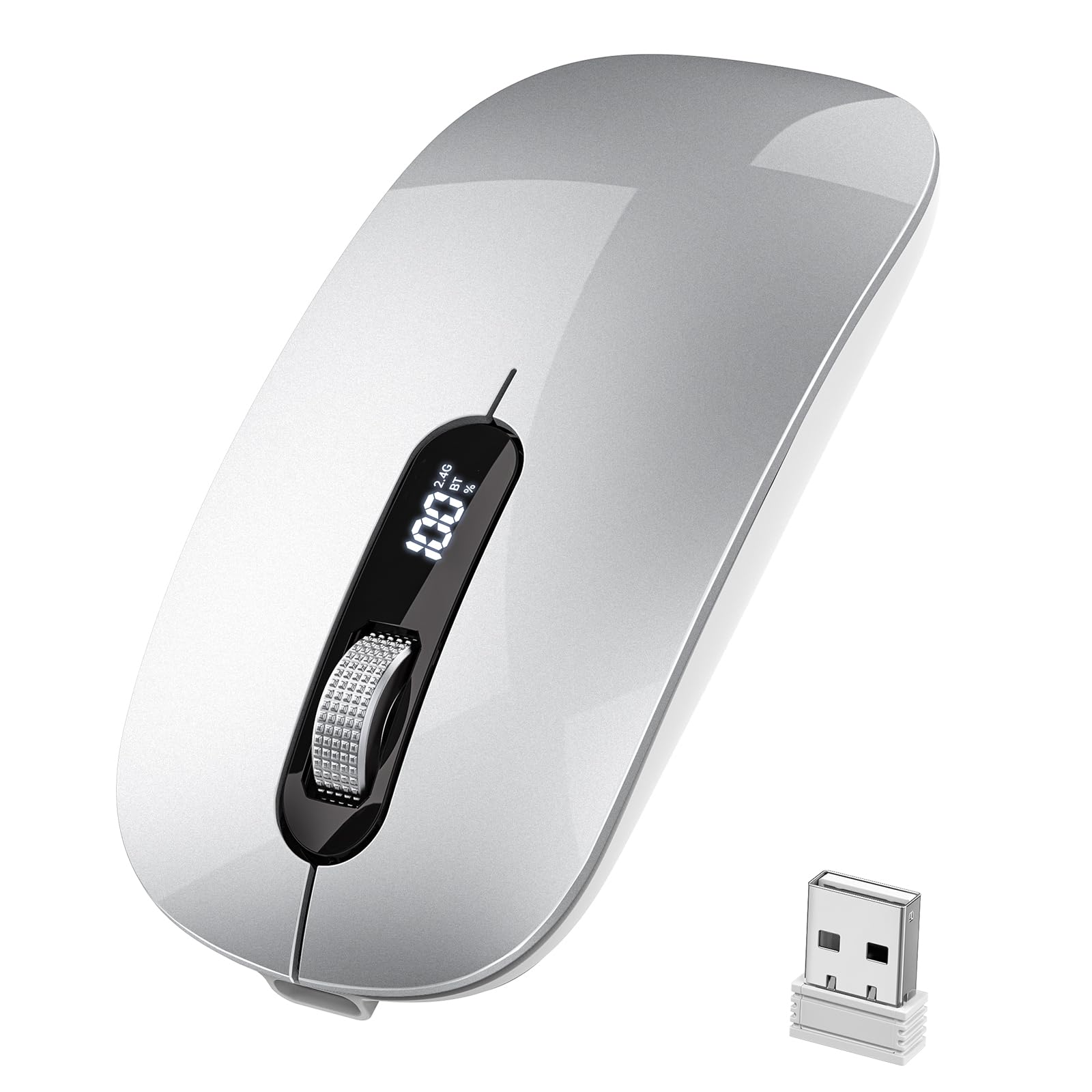Mouse Bluetooth senza fili, Bluetooth 5.0/4.0 e 2.4G Tri-Mode, ricaricabile di tipo C con display a LED, clic silenzioso ergonomico per laptop/PC/tablet, multi-dispositivo e uso in ufficio