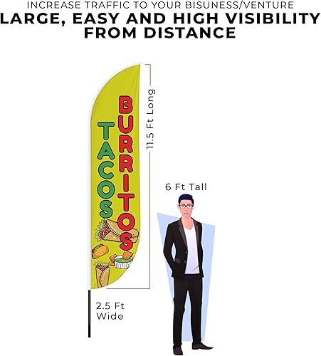 Miniatura 3 de DreamController - Bandera de plumas de tacos y burritos (11.5 pies x 2.5 pies)  Bandera alta para publicidad de negocios al aire libre  Bandera