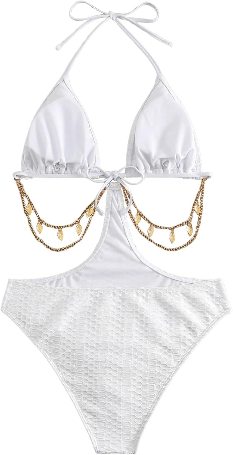 OYOANGLE Women's Chain Linked Cut Out Halter One Piece Swimsuit Tummy Control Bathing Suit