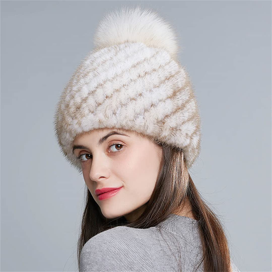 Sombreros de Piel de visón de Invierno para Mujer con pompón Moda Forro de Lana cálido Gorros con Orejeras para Mujer