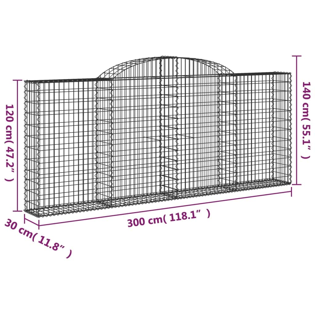 2 gaviones con arco, 300 x 30 x 120/140 cm, hierro galvanizado para barreras de jardín y protección visual como pared decorativa con aislamiento acústico de alambre resistente