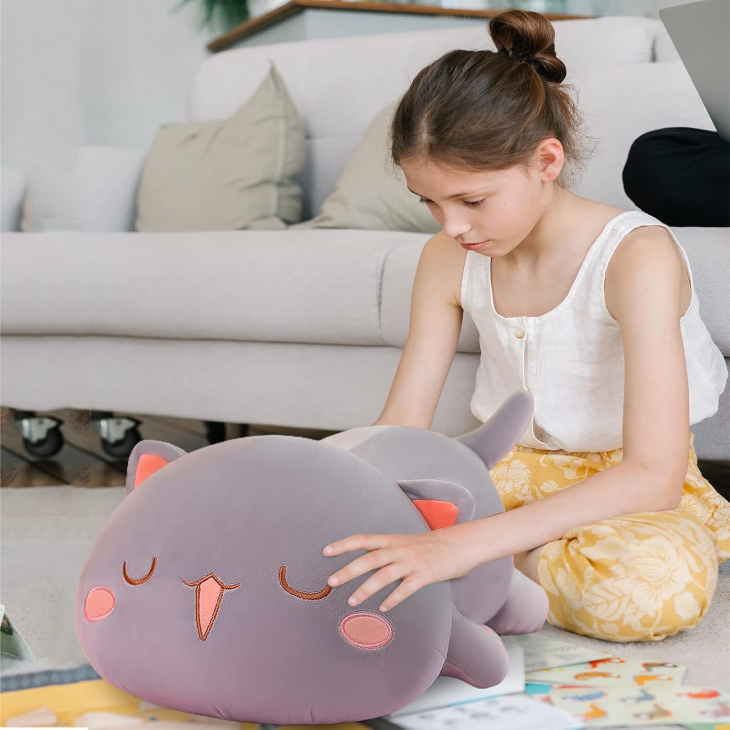 FUYU Cat Stuffed Animals, Soft Cat Plush Pillow Kawaii Kitten Stuffed Animal Toy Gifts for Kids Boys Girls Room Decor (Gray Squinted,15in/37cm) - Image 2