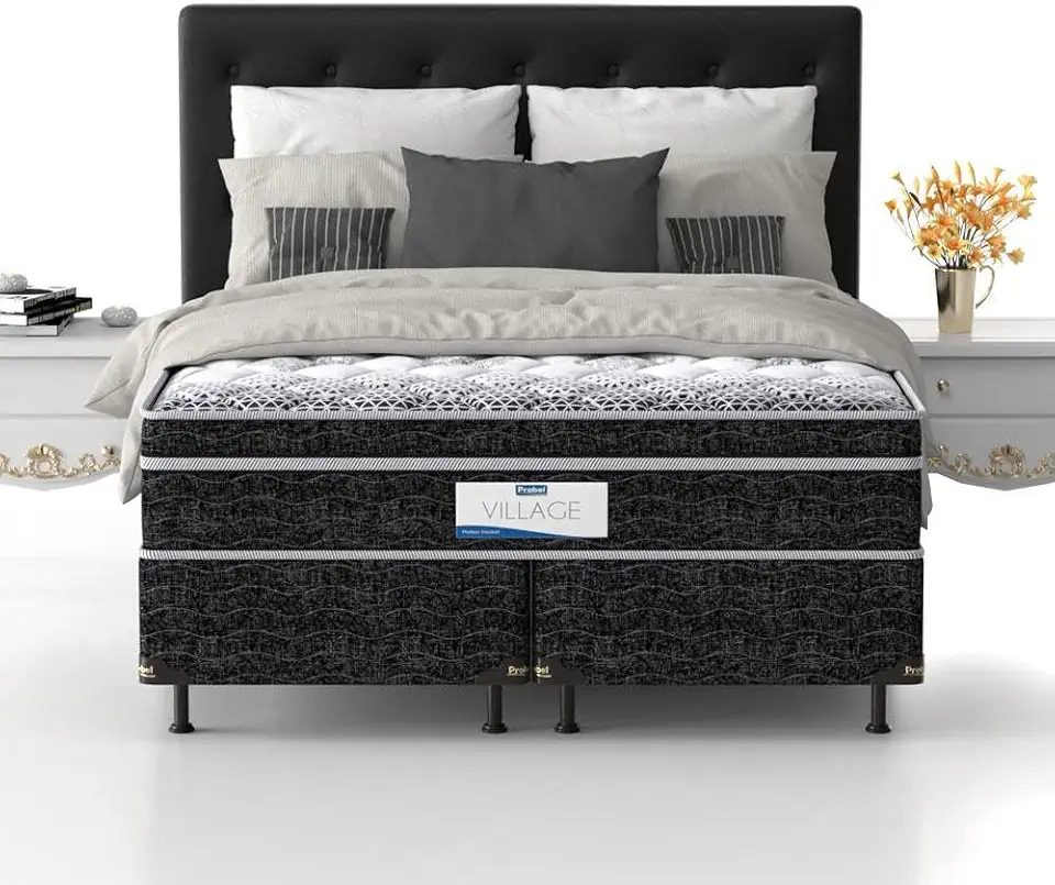 Probel Village Cama Box King Size com Molas Ensacadas, Pillow Euro Top, D28, Branco com Preto, 68x193x203cm, Suporta até 110kg