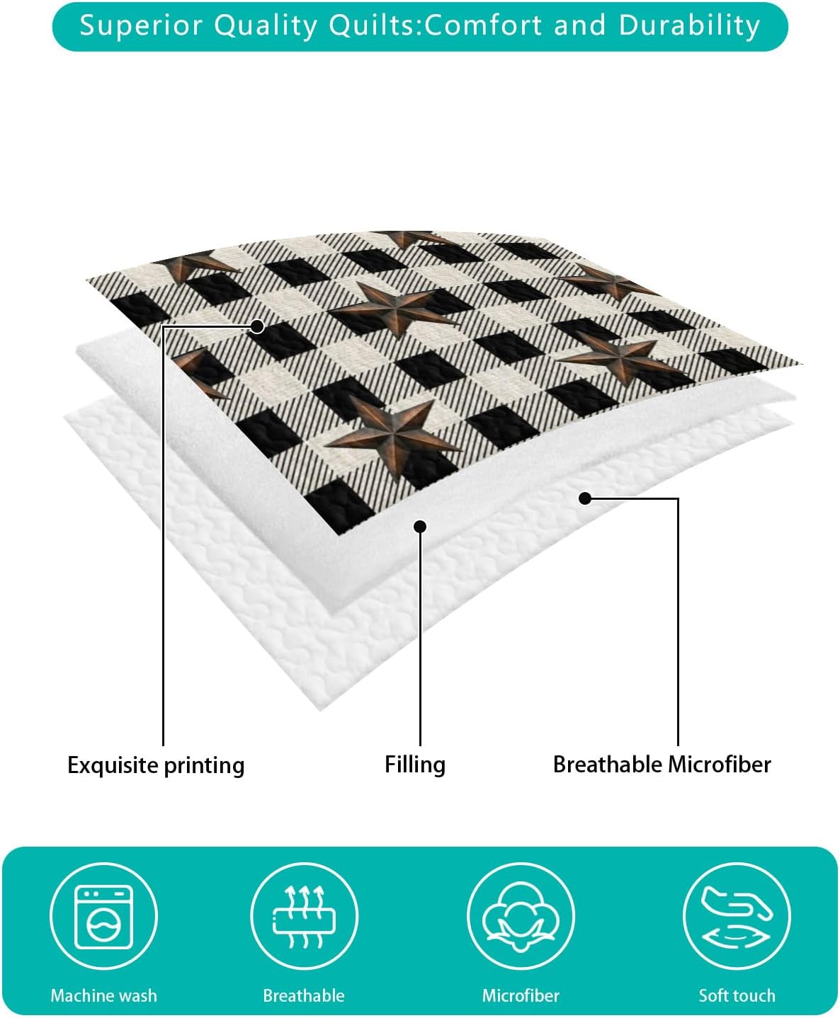 Full Size Quilt Set, Western Star Buffalo Check Lightweight Bedspread Coverlet Set Soft Microfiber Summer Quilt with 2 Pillow Shams, Vintage Country Cottage 3 Piece Comforter Bedding Set