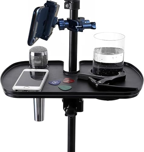 Bandeja de soporte para micrófono, soporte para tazas, soporte de música, soporte para bebidas, bandeja con abrazadera para la mayoría de la bandeja