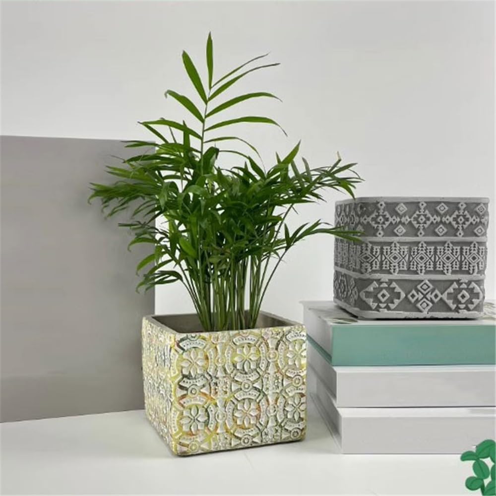 vasi per piante Vaso da fiori di forma quadrata con fori di drenaggio, vaso for piante in cemento con motivo in rilievo bianco sfondo grigio, for balcone soggiorno camera da letto Vasetti Per Piantine