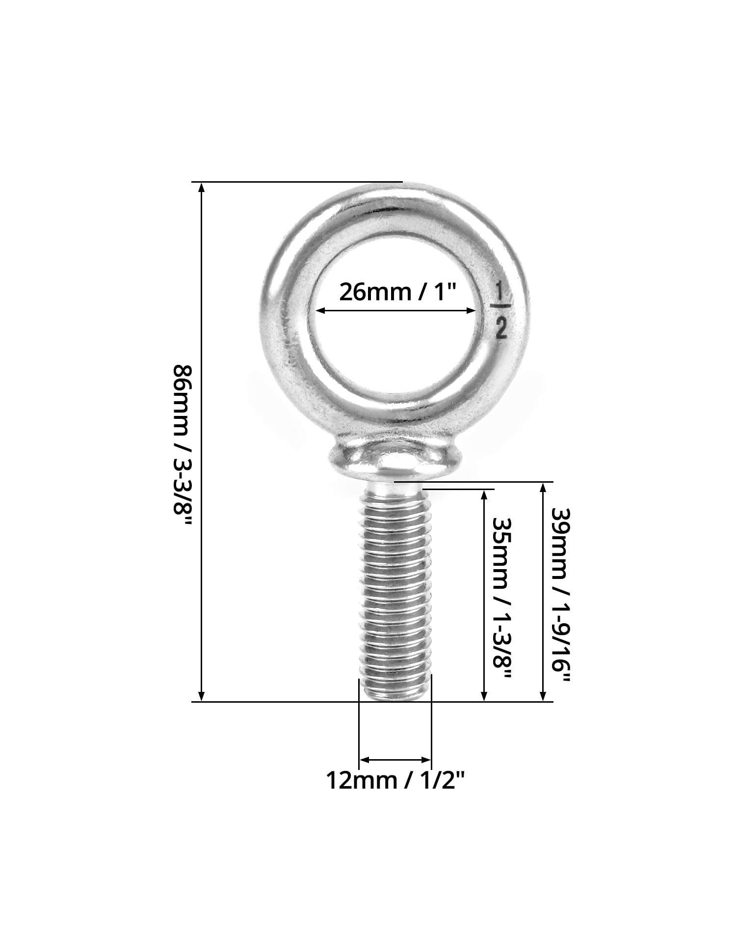 QWORK Bulloni ad occhiello, confezione da 20 occhielli filettati da 1/2" - 33 x 3,8 cm, in acciaio inossidabile di grado marino, per macchine e spallamenti