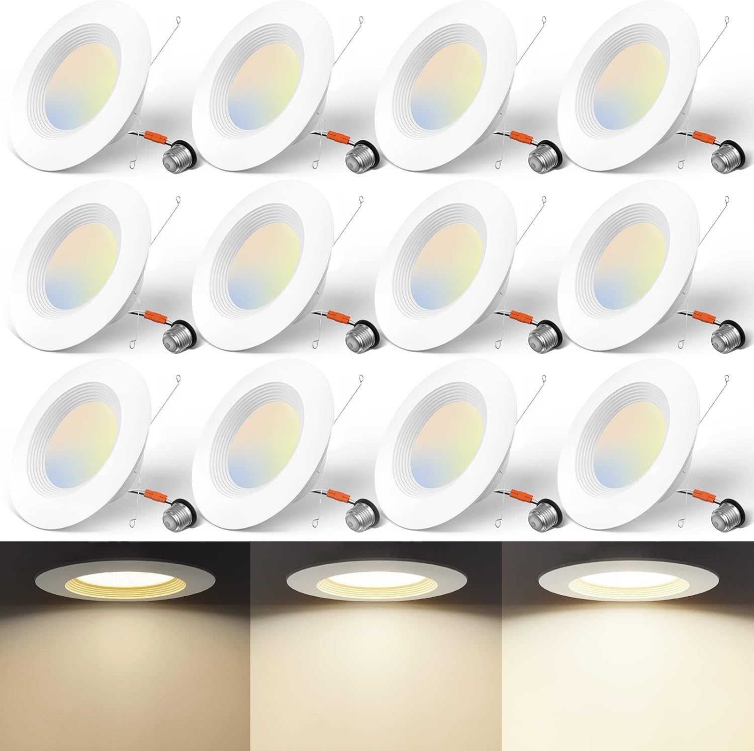 Amico 5/6 inch 5CCT LED Recessed Lighting 12 Pack, 6W/9W/12W Dimming Selectable & 2700K/3000K/4000K/5000K/6000K Color Selectable, 950LM Can Lights with Baffle Trim - ETL & FCC Certified