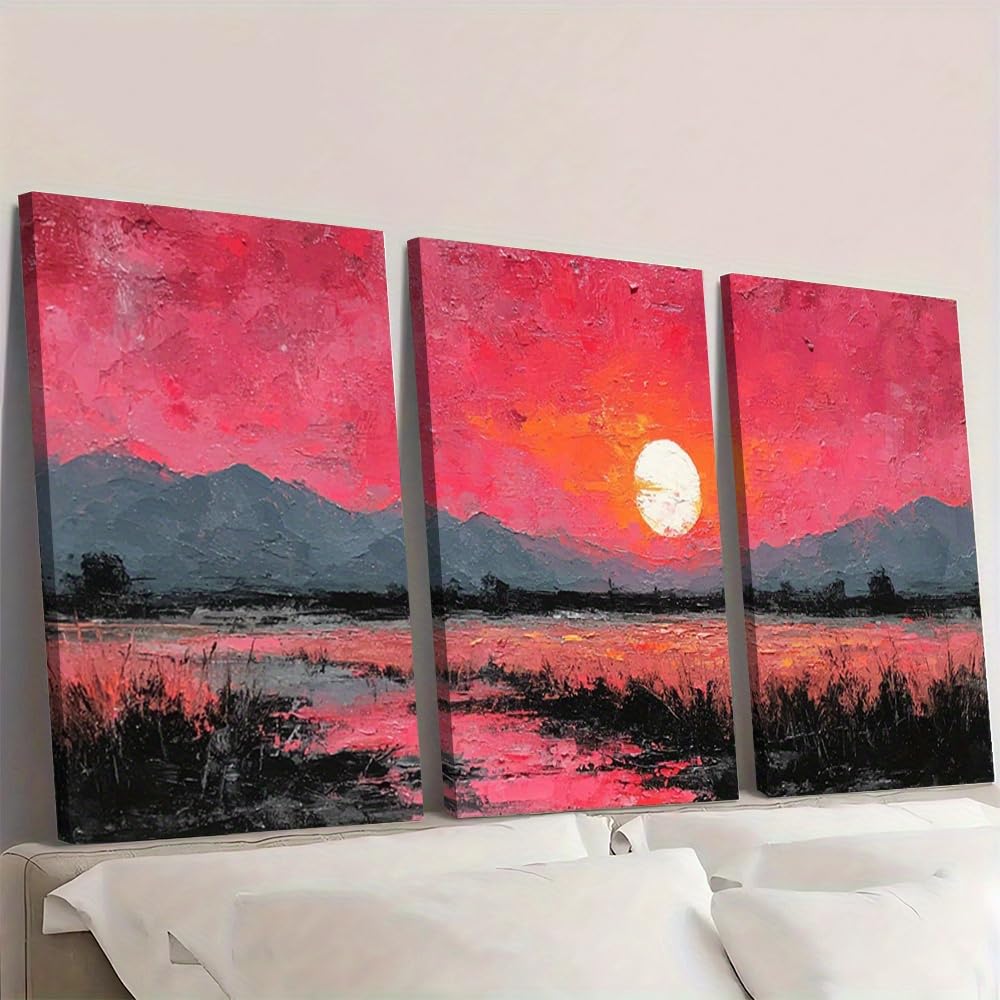 IXEHOH 3 Teiliges Leinwandbild Pinker Sonnenuntergang, Große Moderne Abstrakte Wandbilder für Wohnzimmer, Emotionale Natur Landschaft Kunstdrucke, Ästhetische Wanddekoration für Schlafzimmer 30x40cmx3