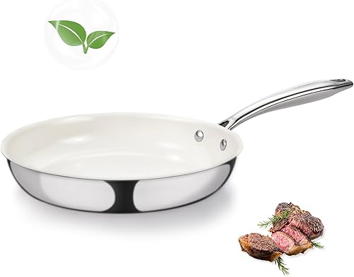 Sartén de acero inoxidable de tres capas de 8 pulgadas, sartén de cerámica antiadherente, sartén con mango que se mantiene fresco, no tóxico, sin