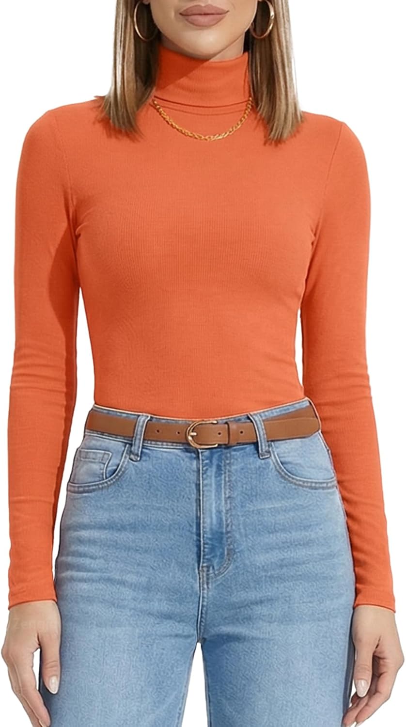 Zengjo Turtleneck Shirt Women-Ribbed Long Sleeve Tops Slim Fitted Base Layer Soft Stretch
