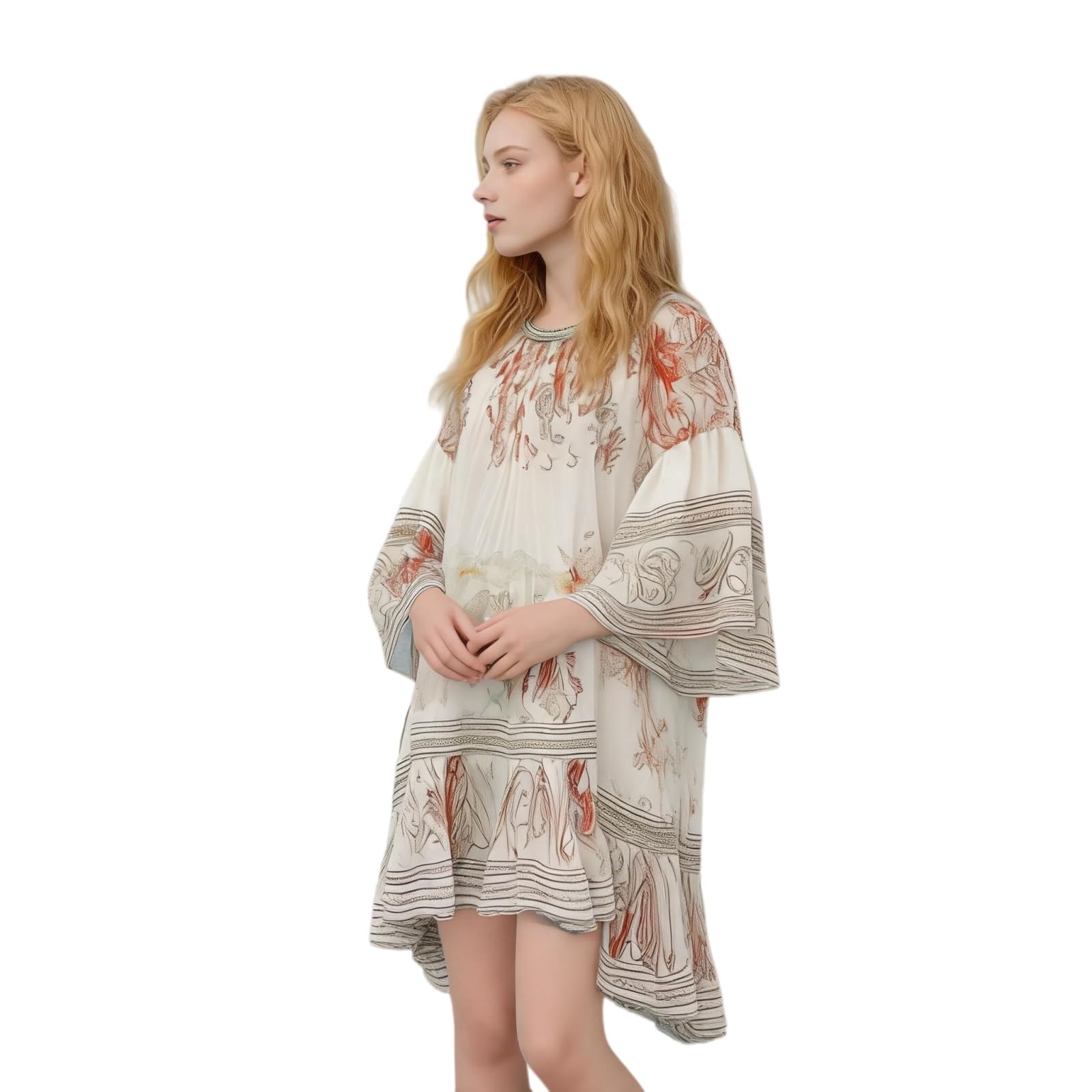 Vestito Donna Estate Floral Midi Abito Manica Lunga Sciolto Adatto Ruffle Dettaglio Elegante Stampato Vacanza Casual-Beige-m