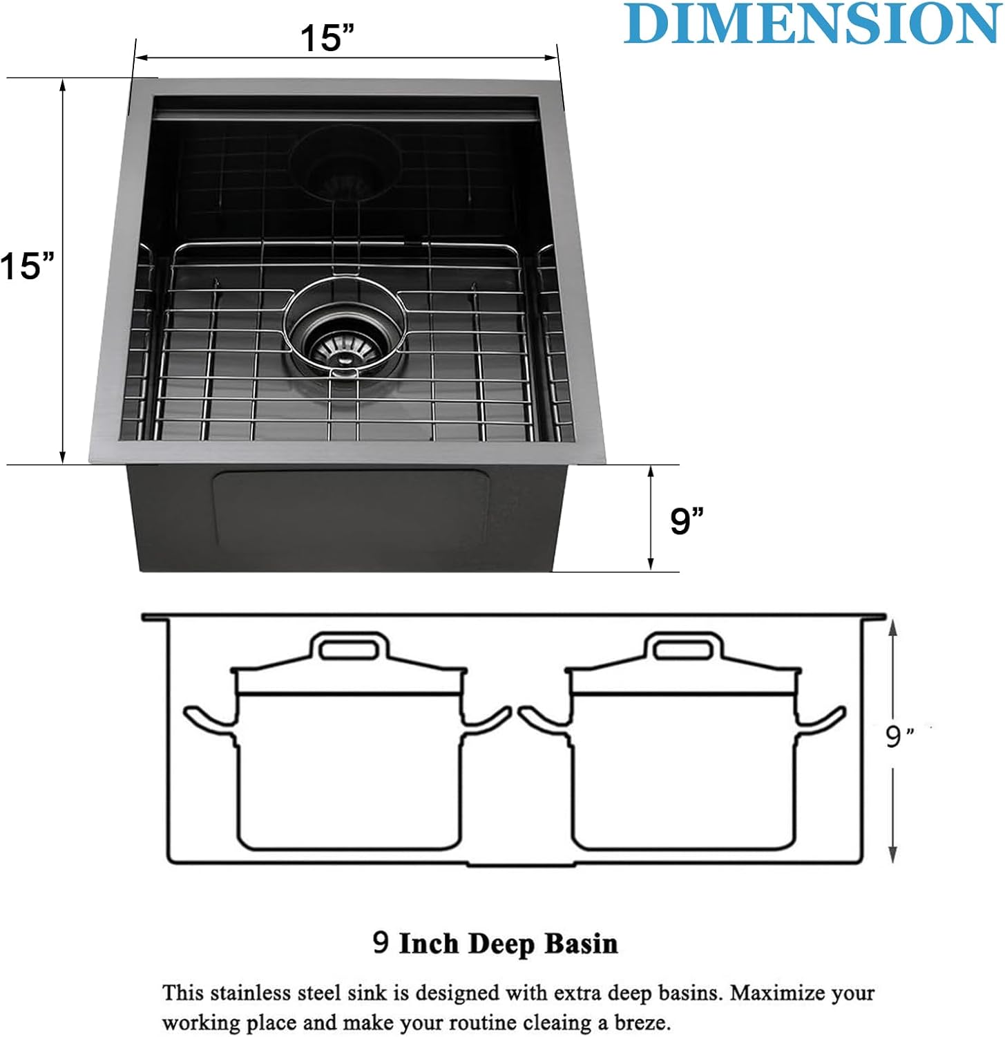 SHACO 15x15 Black Undermount Bar Sink, 15 Inch Gunmetal Black Single Bowl Kitchen Sink, Handmade Stainless Steel 16 Gauge Workstation Laundry Single Bowl with Accessories