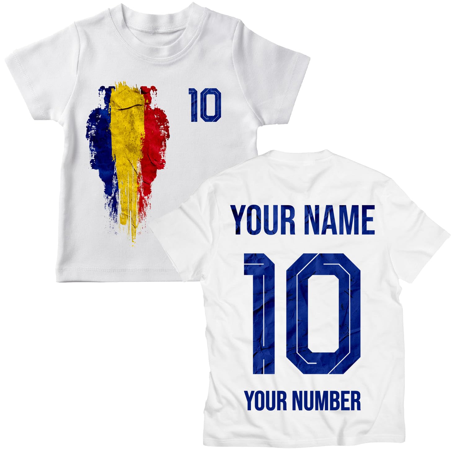 lepni.me Romania 2026 Personalised Kids' Football Fan Graphic Cotton T-Shirt, Custom Name and Number, Short Sleeve Supporters Top (14-15 Years White Multi Color)