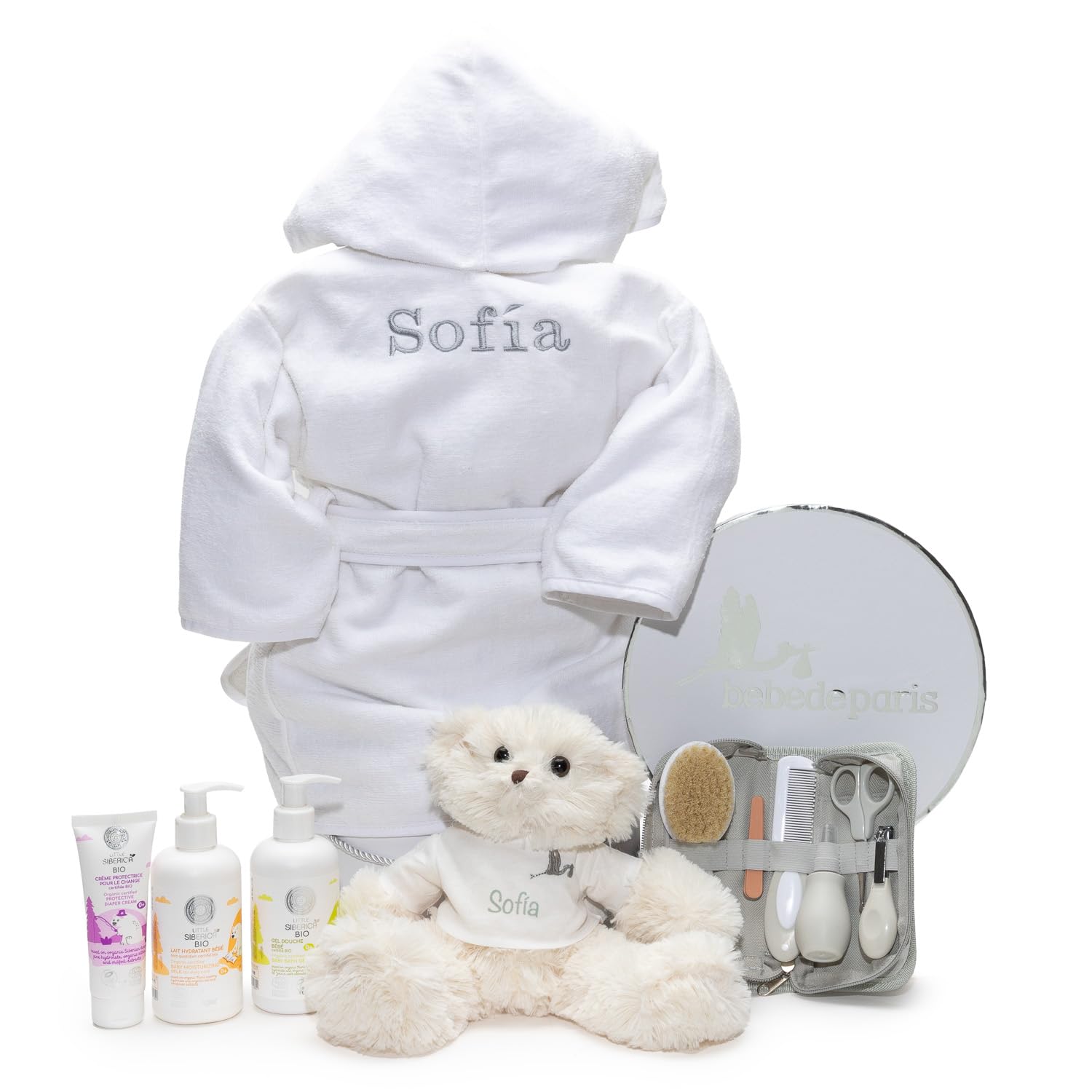 Babykörbchen für Naturkosmetik, bestickt mit Namen, Set mit allem, was Sie für die Pflege und das Baden des Babys benötigen (Kosmetik + Etui + Bademantel + Bär) | BebeDeParis