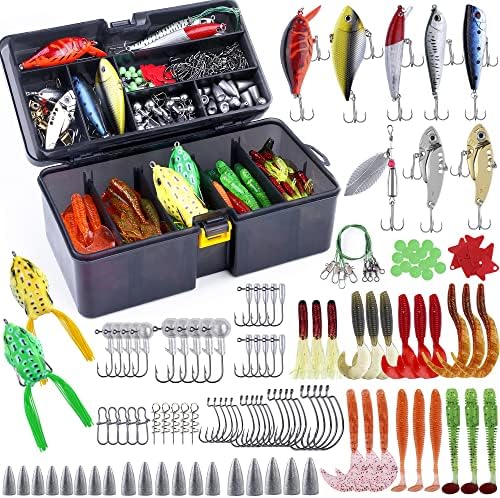 PLUSINNO Fishing Lures Baits Tackle Including Crankbaits, Spinnerbaits, Plastic Worms, Jigs, Topwater Lures, Tackle Box and More Fishing Gear Lures Kit Set, 210Pcs Fishing Lure Tackle