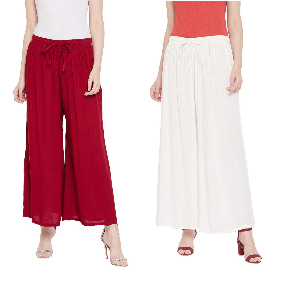 Castle Lifestyle Palazzo Combo For Women Flared Solid Pack of 2-Maroon & White