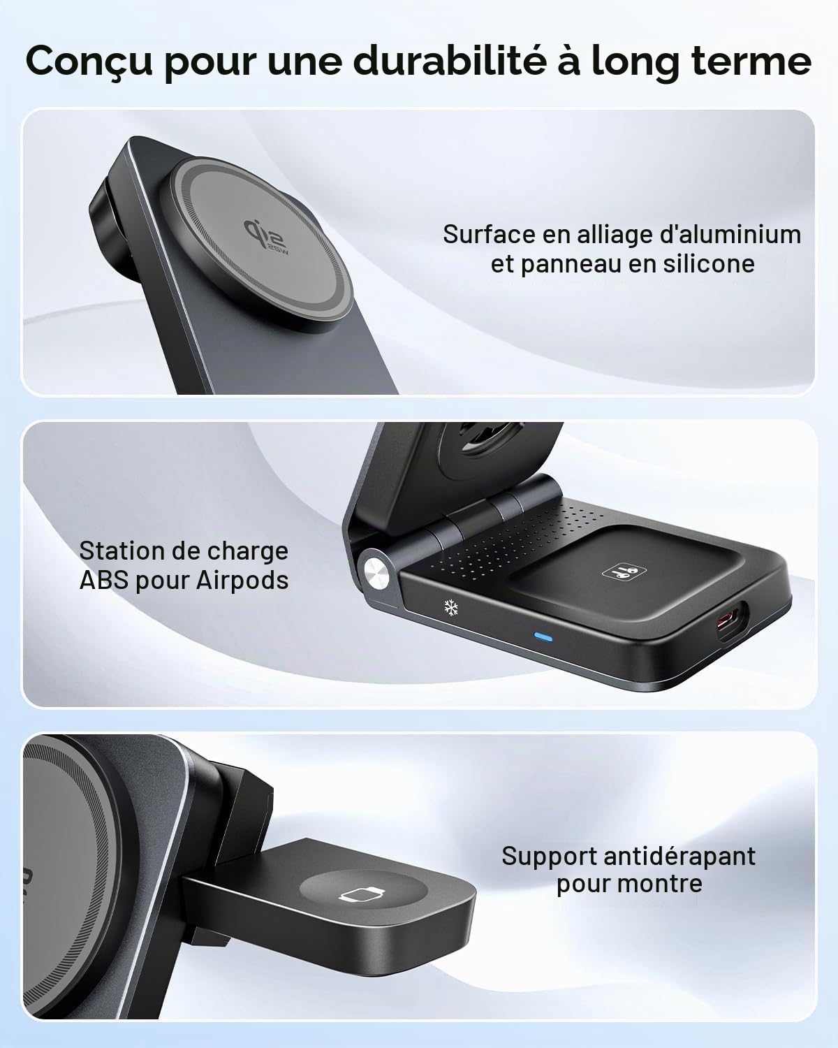 CloudValley Station de Charge magnétique sans Fil 3-en-1 Qi2.2 25W, Support Pliable avec Refroidissement Actif TEC, Compatible avec MagSafe iPhone 17/16 (iOS 26), AirPods et Apple Watch