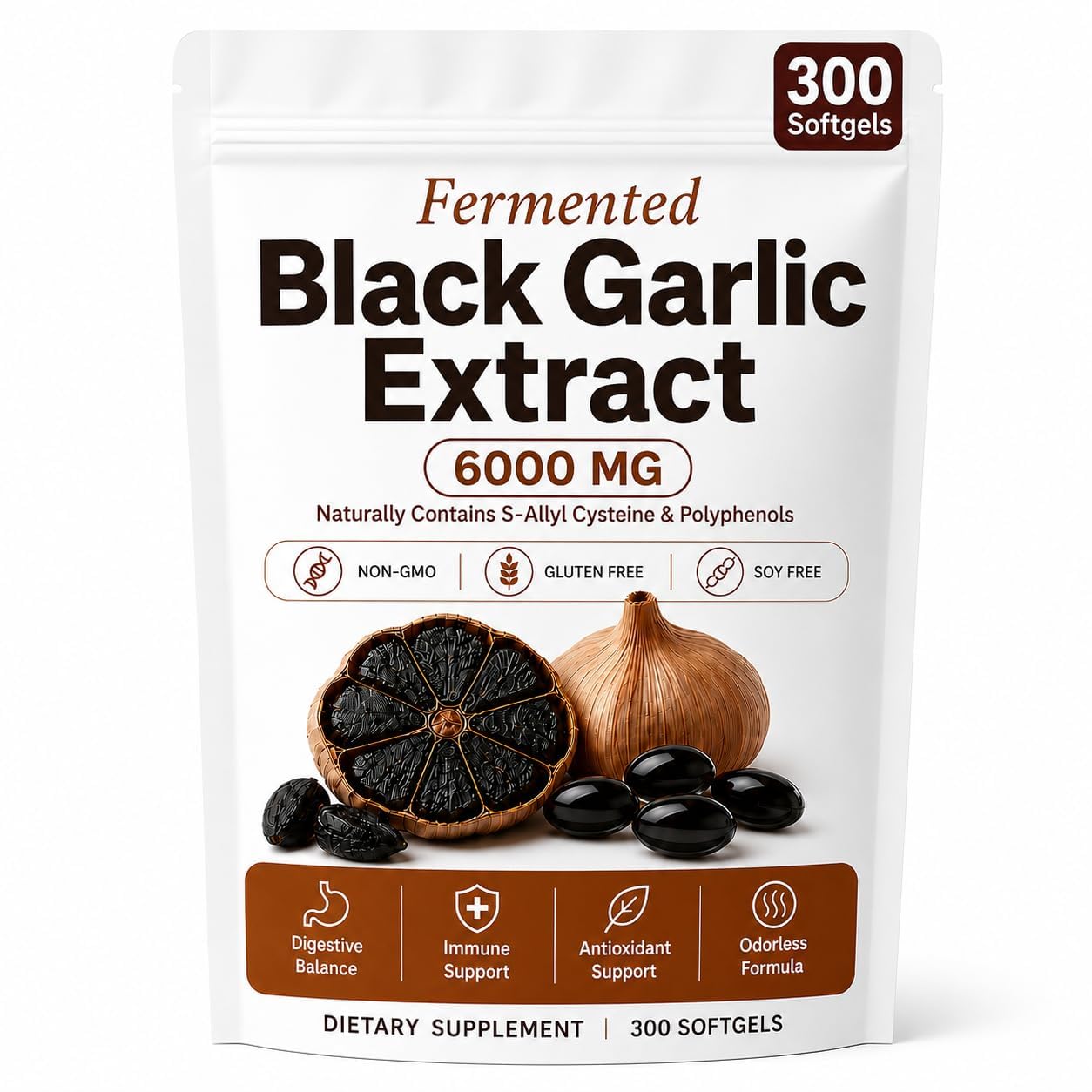 Fermented Black Garlic Extract, Aged Black Garlic Extract Capsules, Aged Odorless Garlic Supplements, Support Immunity, Boost Energy, Balance Digestion & Gut, Vegan, Non-GMO, 300 Softgels 1pc