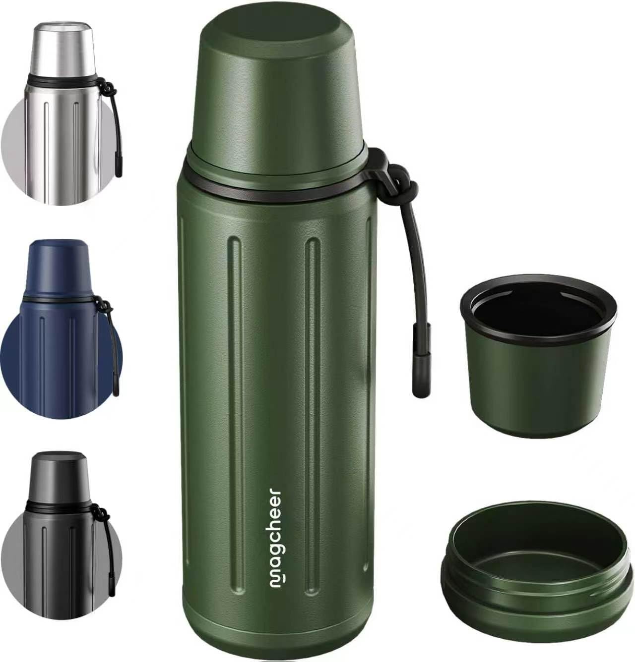 magcheer Borraccia termica da 1 l con tazza (72 ore di freddo e 24 ore caldo) per acqua calda con base rimovibile e filtro in acciaio inox 18/8, per viaggi, ufficio e scuola (verde)