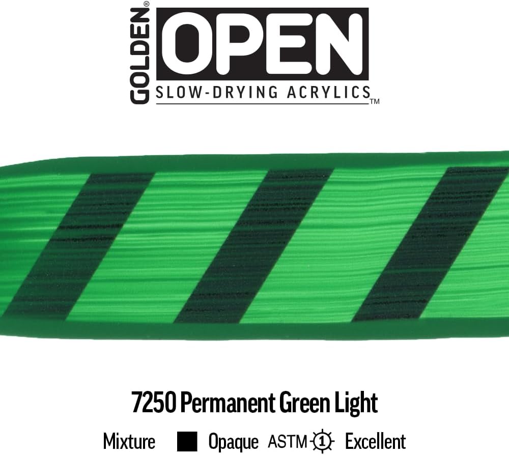 GOLDEN OPEN Slow-Drying Acrylics, Permanent Green Light, 5 fl oz. tube, Professional Acrylic Paint, Opaque