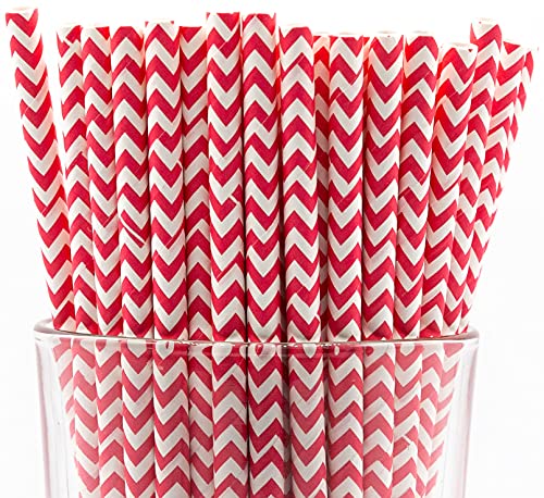 Heavy-Duty 4-Ply Paper Drinking Straws – Long-Lasting, Biodegradable, Compostable (Red Chevron, 150-Count)