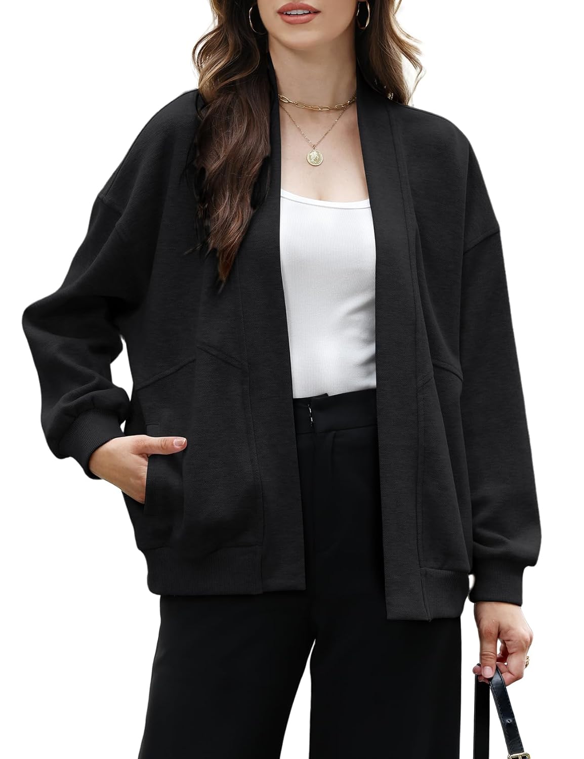 Wyeysyt Womens Sweatshirt Cardigan Lightweight Oversized Drop Shoulder Open Front Casual Cardigan