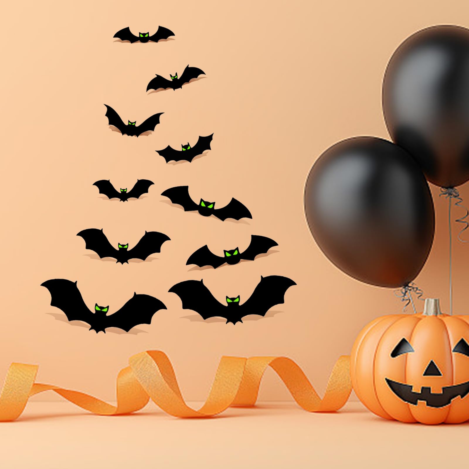 Shienfir 18 pipistrelli da appendere per Halloween, decorazioni per esterni, pipistrelli di Halloween 3D con occhi luminosi, pipistrelli volanti da appendere, 3 diverse dimensioni, finti grandi