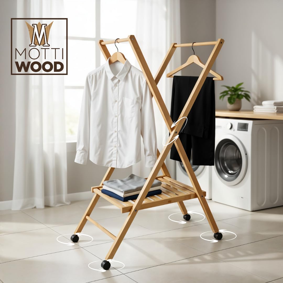 Stira & Perchero, carro perchero plegable y ahorra espacio, 100% madera de haya, ruedas multidireccionales, 62,49 x 122 cm, perchero de hombre, fabricado en Italia