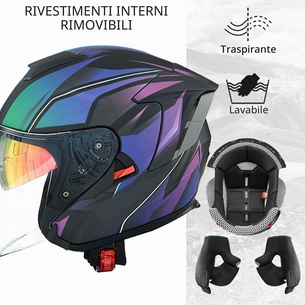 Bluetooth intégré Casco Moto Jet Semi Integrale con Visiera Esterna e Parasole Omologato ECE Casco Scooter Casco Moto Jet Casco Jet Doppia Visiera