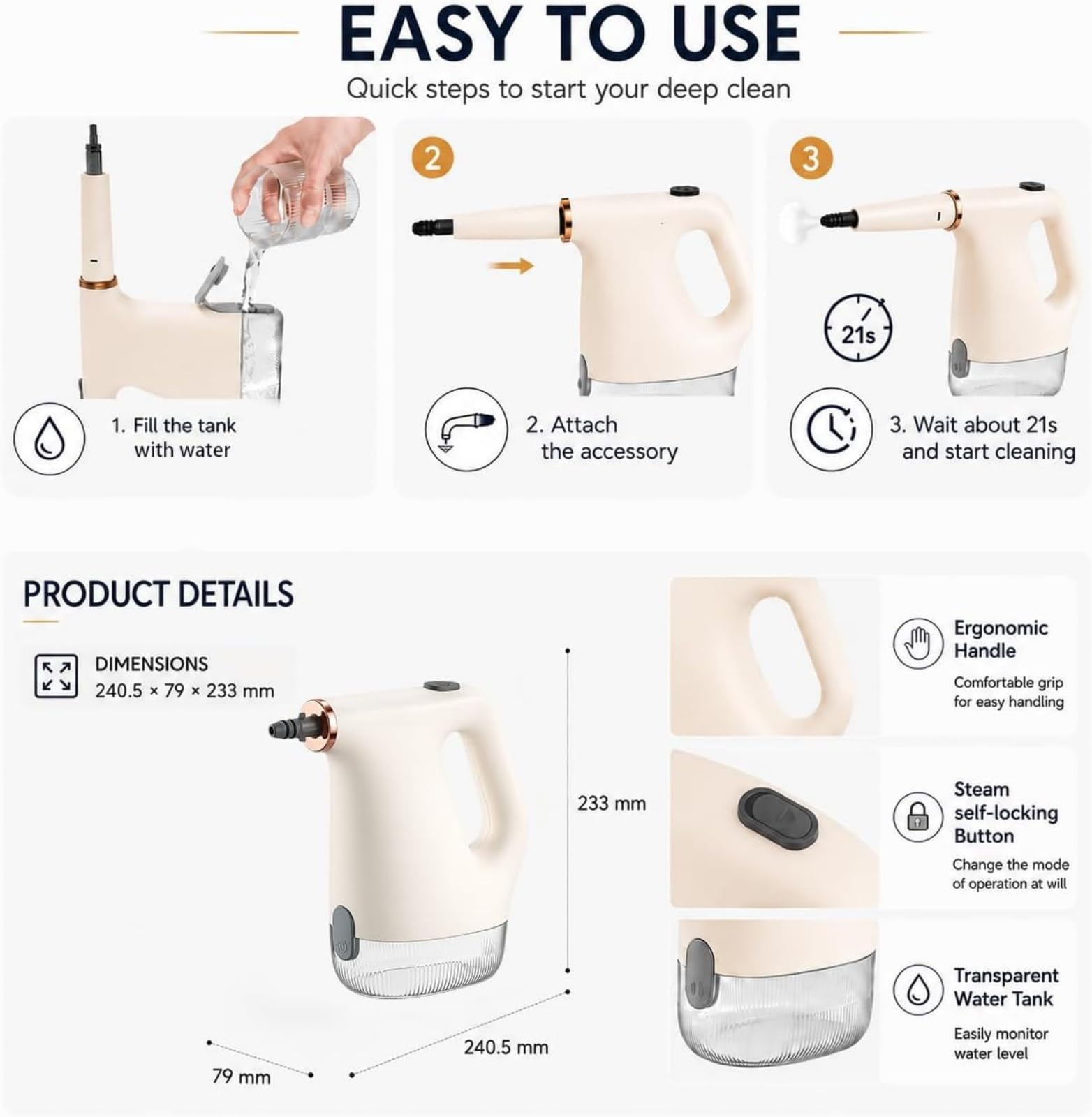 Limpiador a Vapor portátil a presión de 1200 W; Limpiador a Vapor Multiusos para Cocina, baño, Juntas de Azulejos, Suelos, Ventanas e Interiores de automóviles.