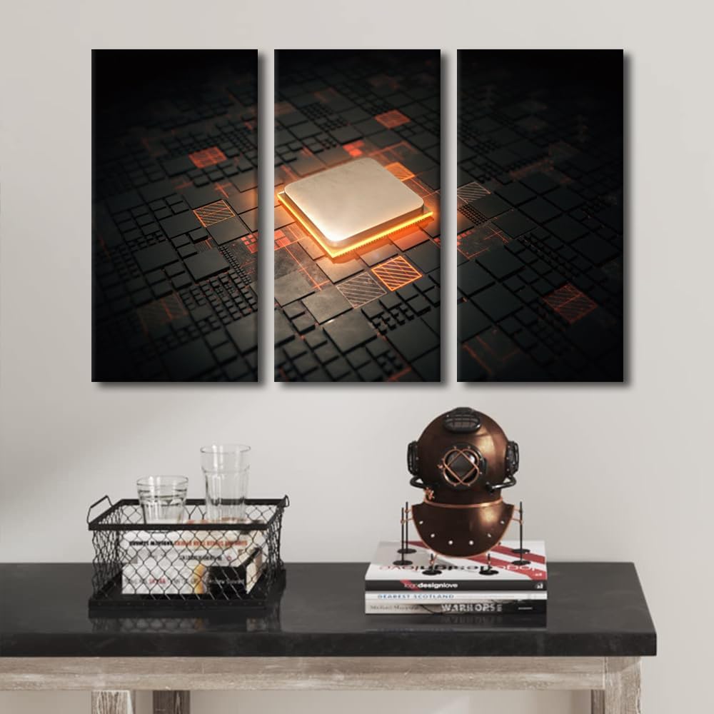 Canvas Wall Art Computer Processors CPU Wall Art for Living Room 3 Piece GPU Card with Circuit and Colorful Lights Modern Wall Decor Contemporary Art Print on Canvas Framed Ready to Hang (40"Wx60"H)