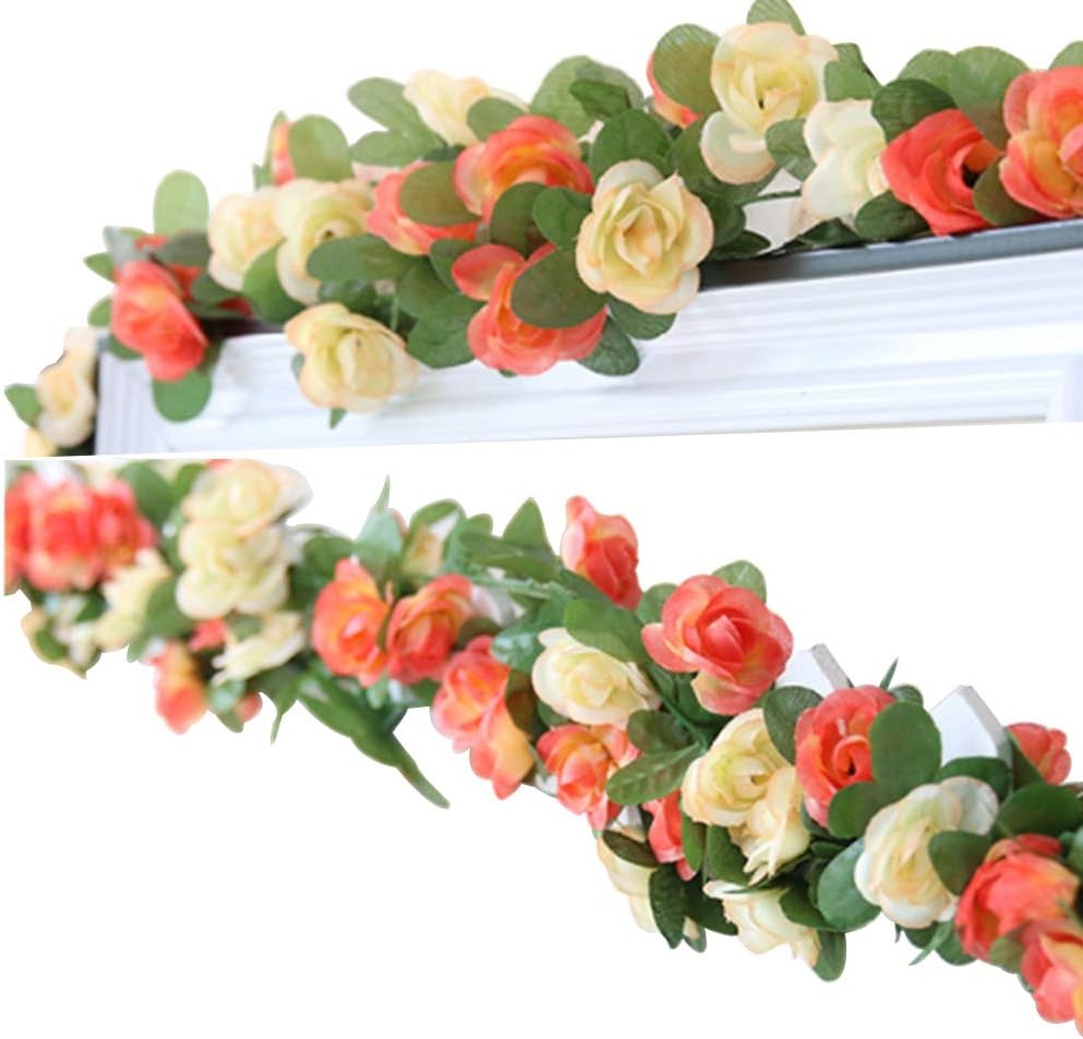 2 Pack 2.5 m Artificial Flower Vine Rose Garland Silk Fake Flowers Hanging Decor for Hotel Office Garden Home Party Wedding Festival Craft Art Decoration - Champagne