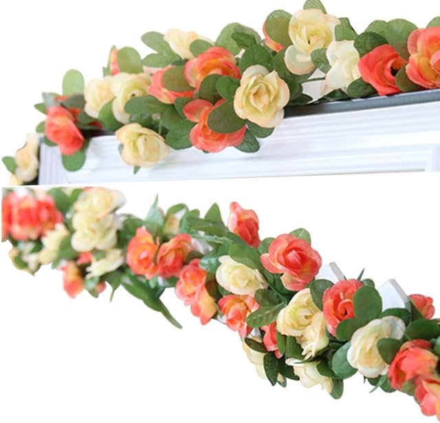 LumenTY 2 Pack 2.5 m Artificial Flower Vine Rose Garland Silk Fake Flowers Hanging Decor for Hotel Office Garden Home Party Wedding Festival Craft Art Decoration - Champagne